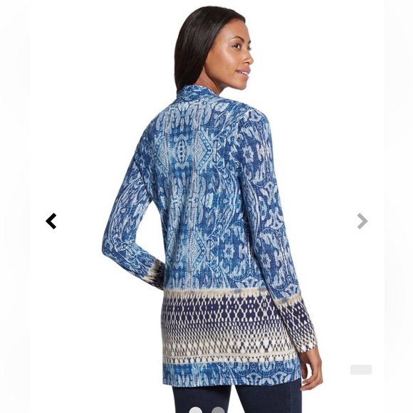 CHICOS Mixed Paisley Maizy Cardigan Sweater Long Blue Ivory Open Front Thin Knit - Picture 7 of 14